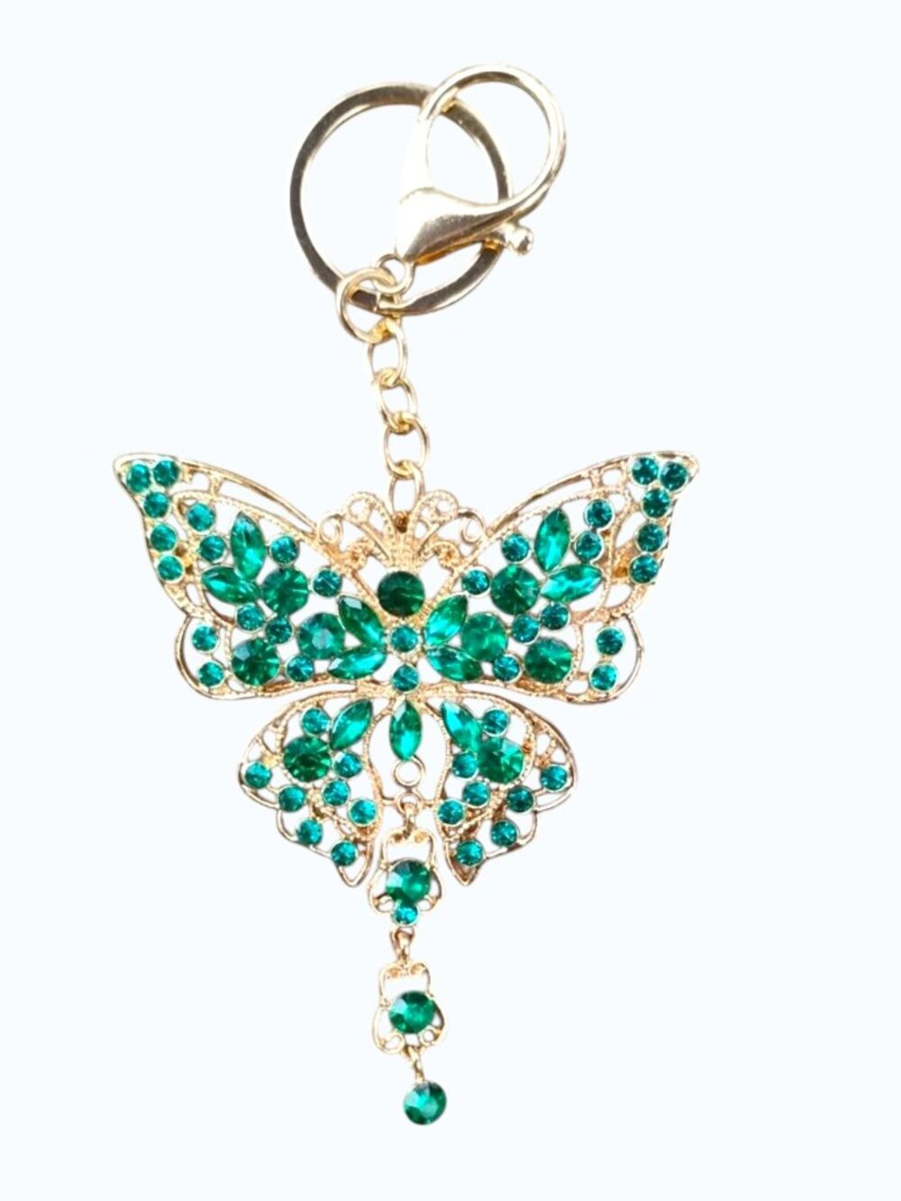 Gold Butterfly Bag Charm Keychain with Emerald Green Crystals -